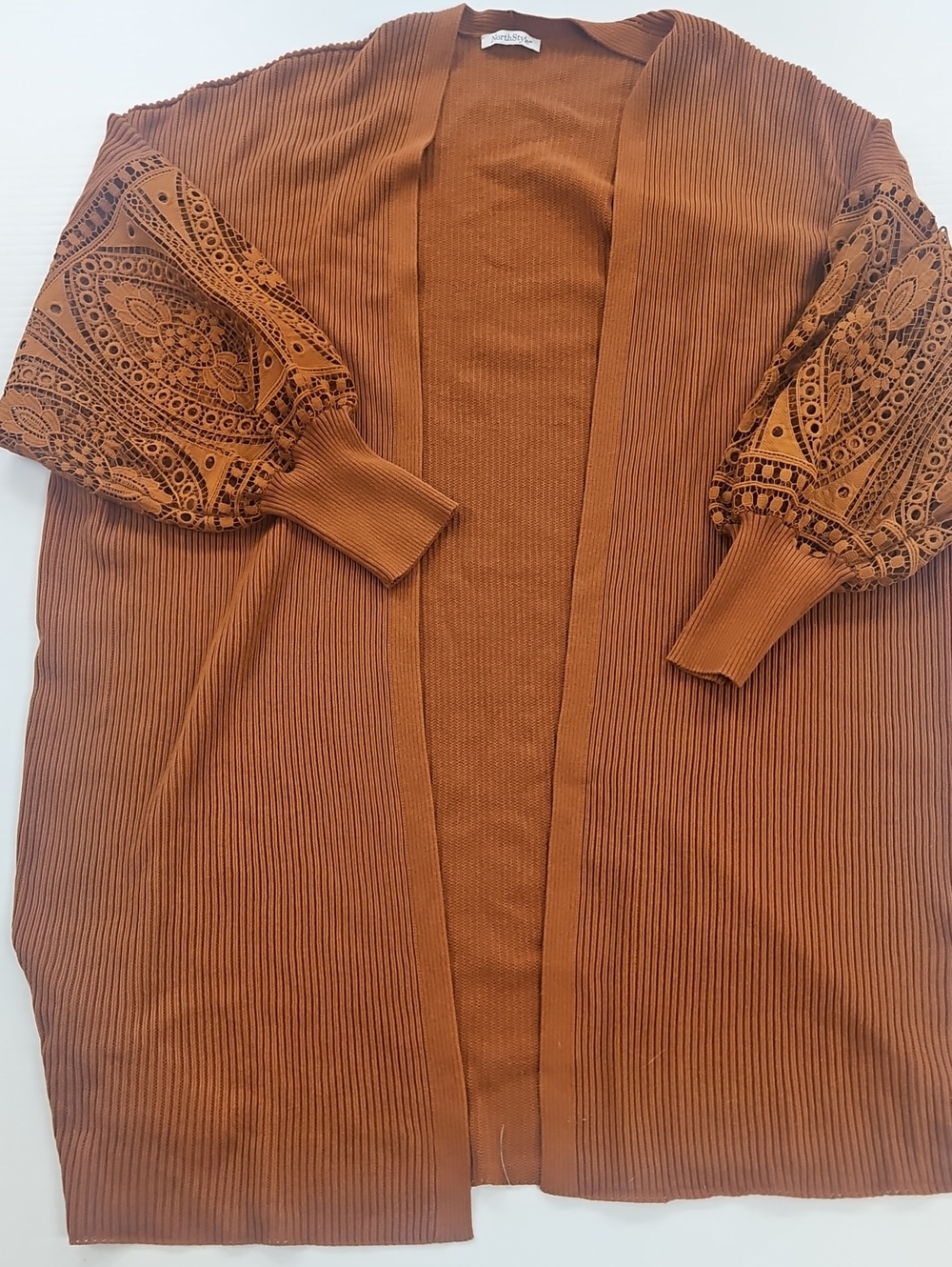 4X NorthStyle Rust Open-Front Cardigan with Lace Balloon Sleeves